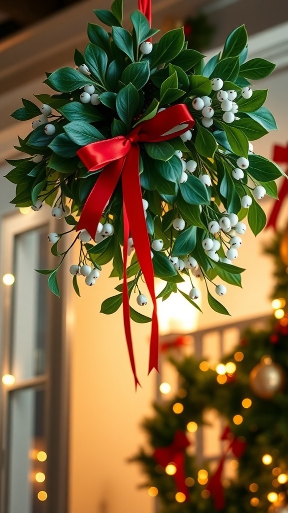 DIY mistletoe decoration with green leaves and red ribbon hanging in a doorway.